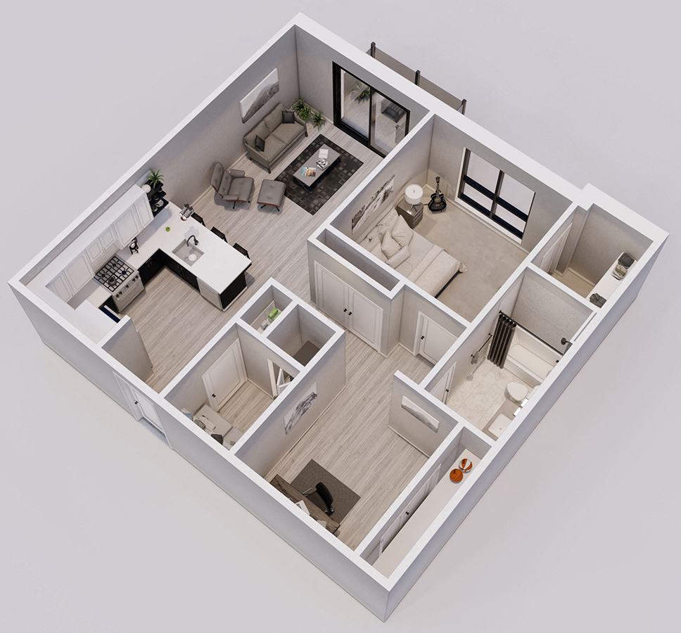 Floor plan for 1 bed, 1 bath, 849 sqft